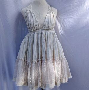 White Halter Open Back Circle Cupcake Dress White Gauze Swiss Dots Sz M - L